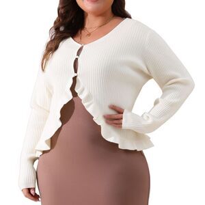 Plus Size Knit Sweater Open Front Ruffled Button Cardigan Outerwear Beige